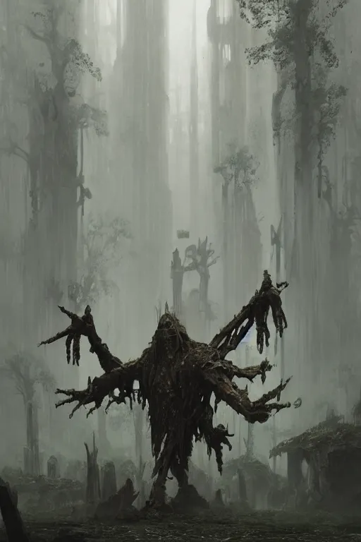 Image similar to a humanoid giant with four arms and bird feet | ruined cathedral | misty swamp | fantasy concept art by greg rutkowski