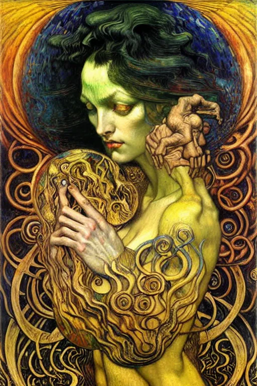 Image similar to Divine Chaos Engine by Karol Bak, Jean Delville, William Blake, Gustav Klimt, and Vincent Van Gogh, symbolist, visionary