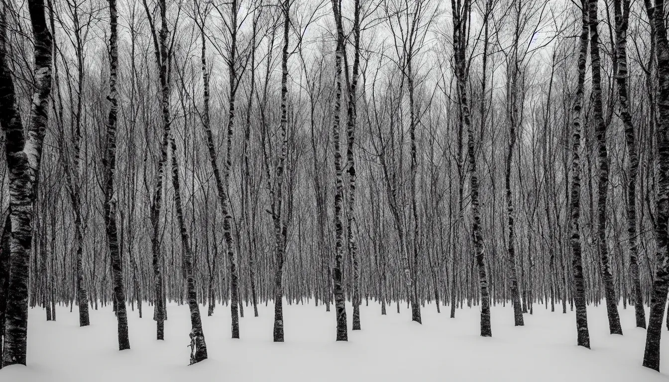 Prompt: birch forest, evening, blizzard, winter, dark, atmospheric, scary, claustrophobic, ambient vibe, very detailed, black and white, 4 k