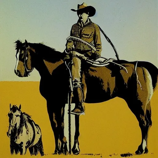 Prompt: a portrait of a cowboy and his horse, by sergio toppi