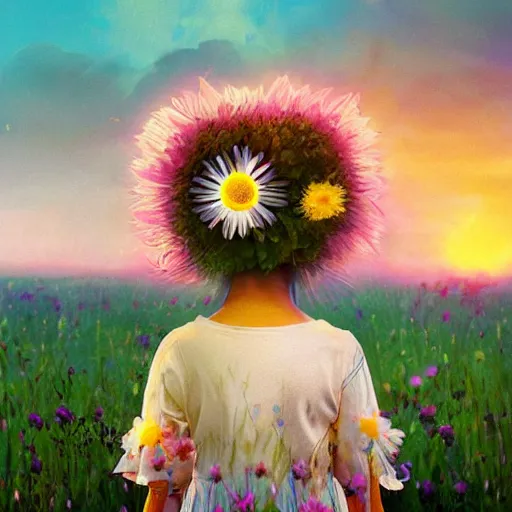 Prompt: daisy flower for a head, portrait of girl in flower field, holding daisy, surreal photography, sunrise, impressionist painting, colorful clouds, digital painting, artstation, simon stalenhag, flower face