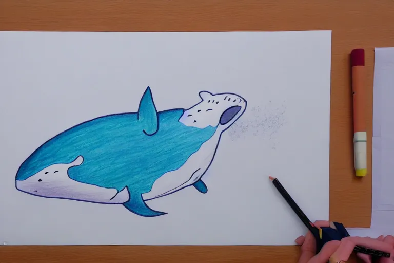 Image similar to anime drawing of a cute whale checking her email