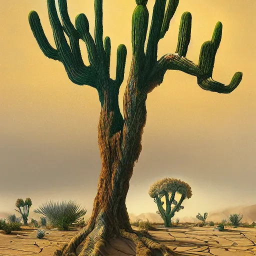 Prompt: a painting of a tree in the desert, a striking airbrush painting by breyten breytenbach, cgsociety, neo - primitivism, airbrush art, dystopian art, apocalypse landscape