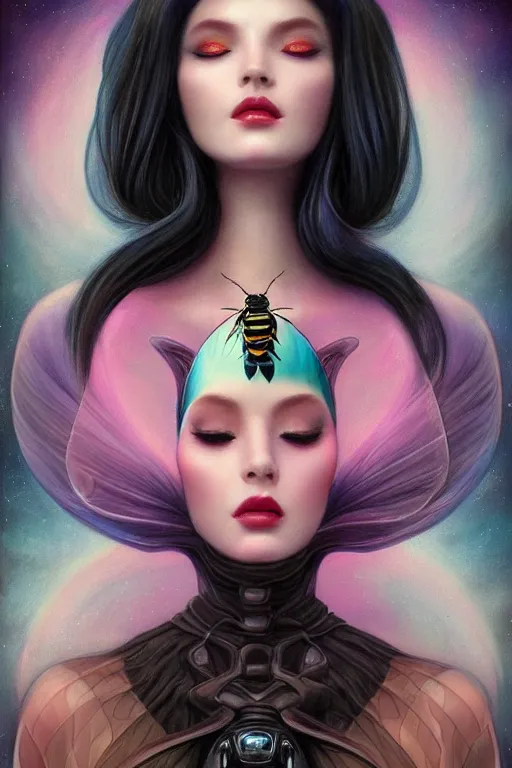 Image similar to portrait of an elegant alien bee woman queen, straight on portrait, by artgerm, tom bagshaw, gerald brom, vaporwave colors, lo - fi colors, vaporwave, lo - fi, moody vibe, goth vibe, 4 k, hd,