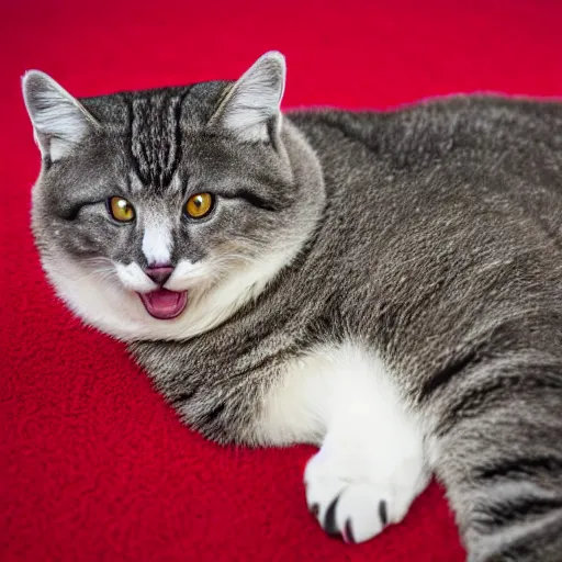 Image similar to a chonky cat, 1 0 5 mm photography, laying on a red carpet