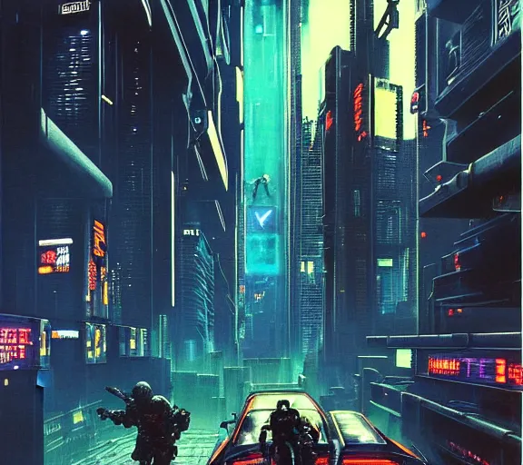 Prompt: a portrait of a cyberpunk epic Friday night firefight, Night City, cyberpunk 2077, very very coherent painting, 1979 OMNI Magazine Cover, street level neo-Tokyo in Cyberpunk 2045 style by Vincent Di Fate by mark arian by artgerm in the style of ((Gustave Dore)), 4k, 8k, HD, trending on artstation