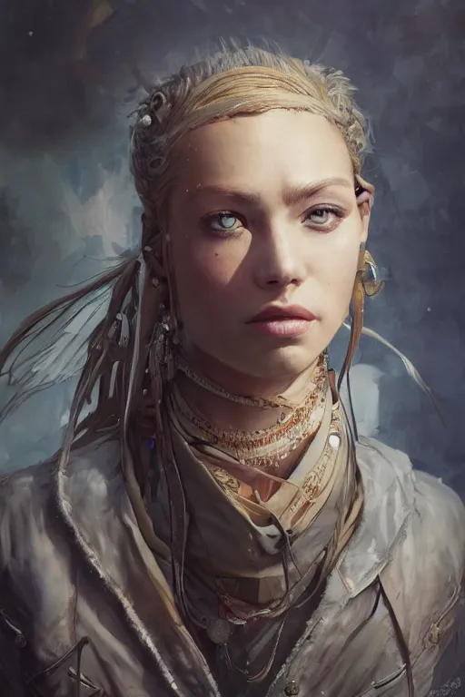 Image similar to A masterpiece portrait of a Incredibly beautiful queer Syberian post apocalyptic shaman girl . medium shot, intricate, elegant, highly detailed. trending on artstation, digital art, by Stanley Artgerm Lau, WLOP, Rossdraws, James Jean, Andrei Riabovitchev, Marc Simonetti, Yoshitaka Amano