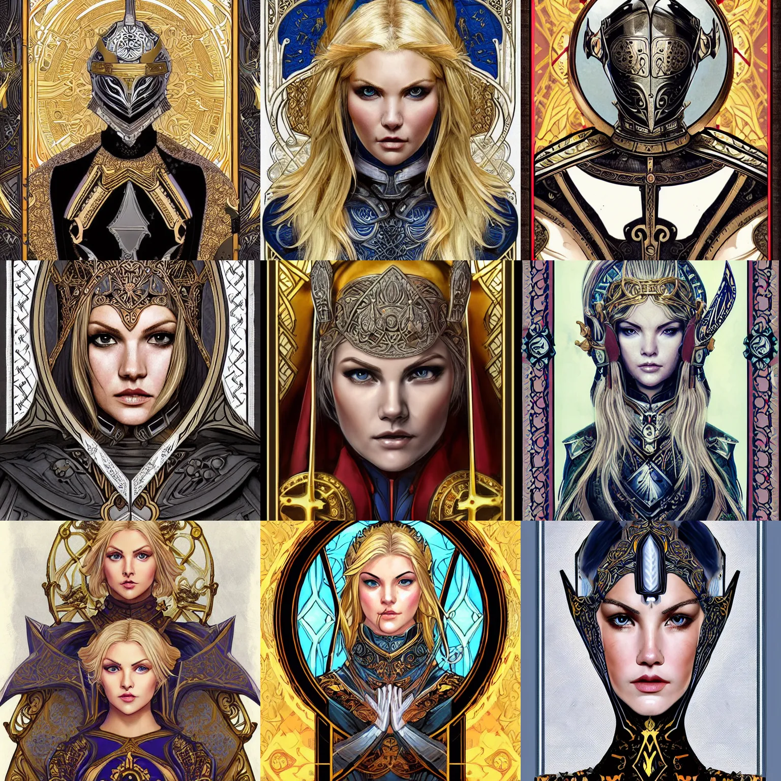 Image similar to head-on symmetrical centered painted portrait, Elisha Cuthbert as a paladin, blonde hair, ornate heavy plate armour, art nouveau, tarot card style, medieval robes, fantasy, intricate, elegant, highly detailed, smooth, sharp focus, illustration, artstation, in the style of Ross Tran and by Jesper Ejsing and by Artgerm and by Anna Podedworna and by Mikalojus Konstantinas Ciurlionis and by Mucha