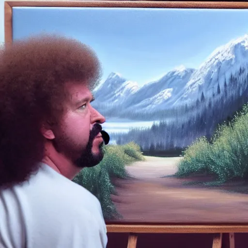 Image similar to a closeup photorealistic photograph of bob ross painting an image of kenny powers pitching a baseball on a canvas. mountains and trees. film still. brightly lit scene. this 4 k hd image is trending on artstation, featured on behance, well - rendered, extra crisp, features intricate detail, epic composition and the style of unreal engine.