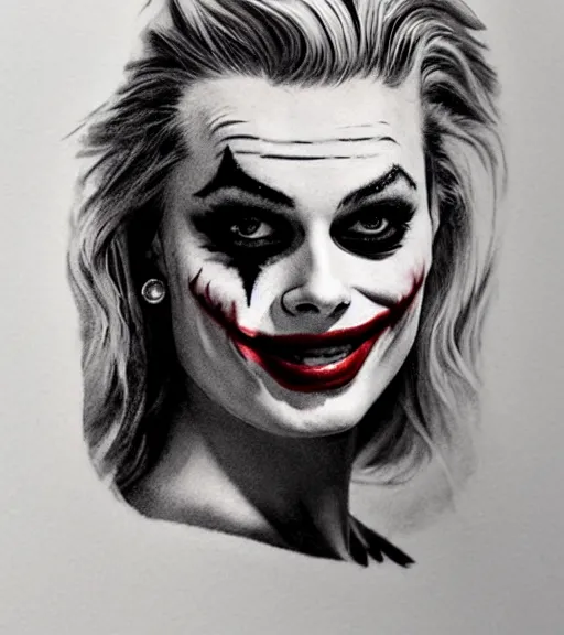 Image similar to tattoo design sketch of beautiful margot robbie with faded joker makeup and holding an ace card, in the style of den yakovlev, realistic face, black and white, realism tattoo, hyper realistic, highly detailed