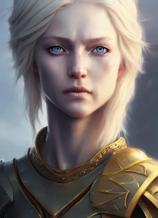 Image similar to a fantasy style portrait painting of shy white female paladin with blonde hair and blue eyes shy, scar under left eye, holy oil painting unreal 5 daz. rpg portrait extremely detailed artgerm greg rutkowski _ greg