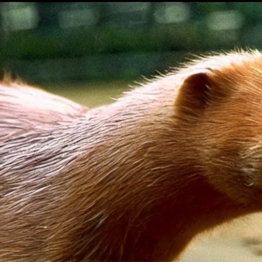 Image similar to ryan gosling style capybara, screenshot from the film drive