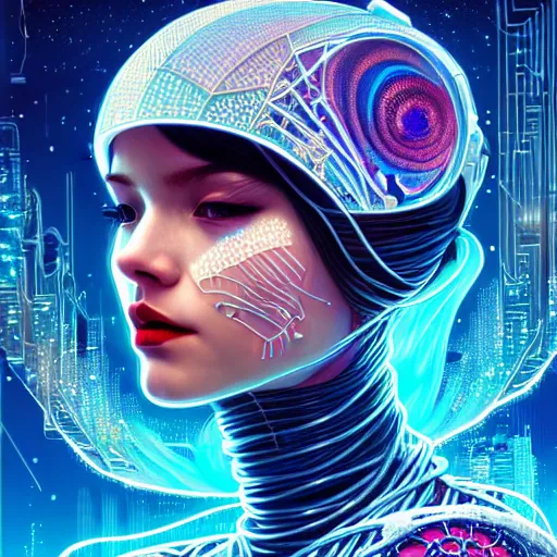 Prompt: high quality, high detailed portrait of a snow queen cyberpunk character in a futuristic world, hyperrealism, intricate details, cables, wires, connectors, led. tristan eaton, victo ngai, artgerm, rhads, ross draws, alphonse mucha, pastel colors, vintage, artstation, vector. 8 k