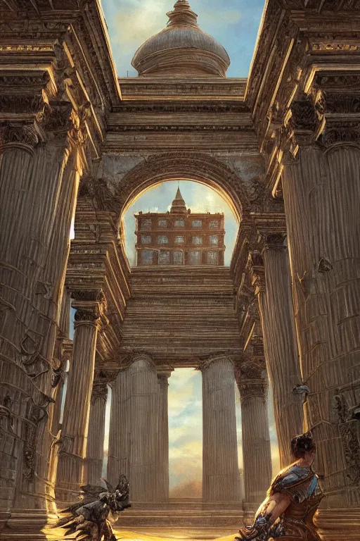 Image similar to gigantic palace, adorned pillars, towers, landscape, alex ross, neal Adams, david finch, concept art, matte painting, highly detailed, rule of thirds, dynamic lighting, cinematic, detailed, denoised, centerd