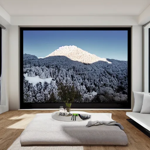 Prompt: a photo of a landscape of a house with views on snowy mountains, high detailed, hyper realistic, art station, 4k, 8k