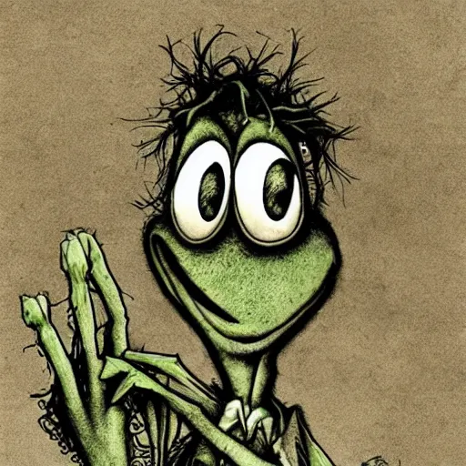 Prompt: michael karcz punk grunge cartoon drawing of kermit the frog. , in the style of corpse bride, loony toons style, horror themed, detailed, elegant, intricate