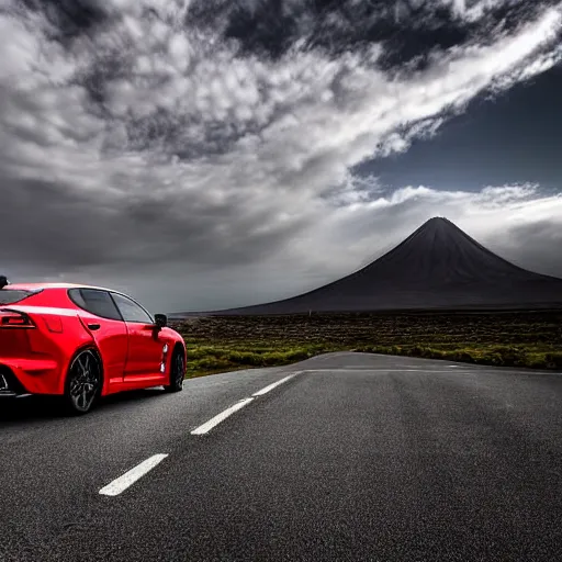 Prompt: kia stinger gt driving towards mount doom | eye of sauron watching over in the background | wide angle photograph | high resolution