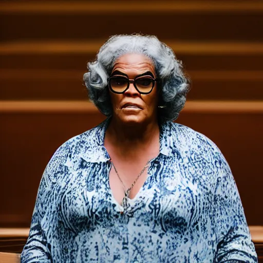 Image similar to a cinematic still of Madea preaching at a Baptist Church in Rural Tennessee, portrait, shallow depth of field, close up