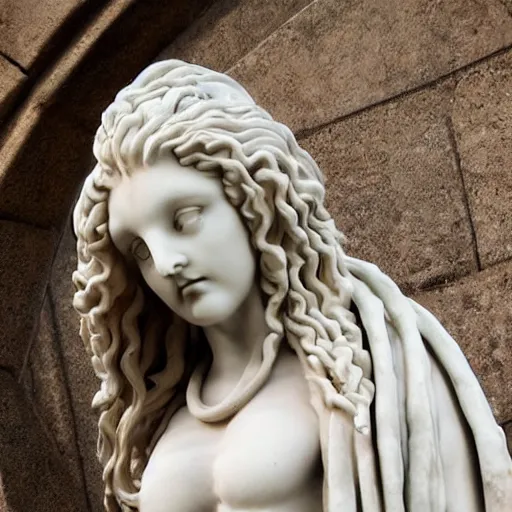 Prompt: gothic cathedral with a statue of female medusa long hair, marble statue, beautiful delicate face, macro shot head