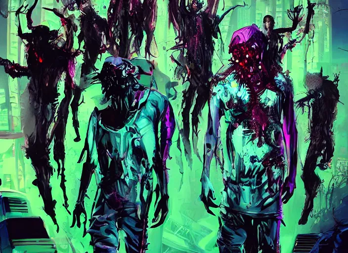 Image similar to neo-futuristic cyberpunk undead zombie men at a neon rave, by kelley jones, cyberhorror-punk, stunning, horror art, dark tones, #film, cgsociety, scary, creepy, wow, artstation, 8k, high gloss::Horror, ultra detailed, character art, concept art, DnD art, cinematic detailed, nightmare machine, godmachine, trending on artstation, unreal engine 5 rendering, cinematic, greig fraser cinematography, epic composition