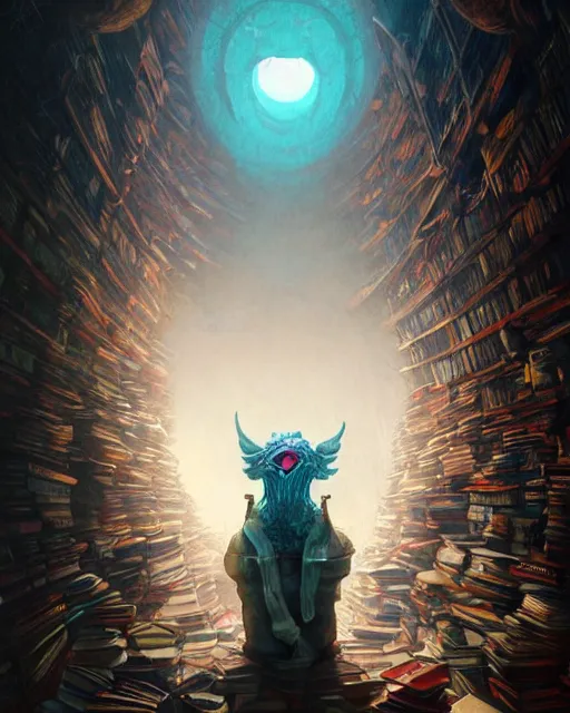 Image similar to highly detailed surreal vfx portrait of a creepy monster in a catacomb of books, stephen bliss, unreal engine, greg rutkowski, loish, rhads, beeple, makoto shinkai and lois van baarle, ilya kuvshinov, rossdraws, tom bagshaw, alphonse mucha, global illumination, detailed and intricate environment