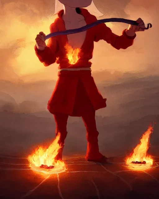 Prompt: squidward with four legs wearing fire nation clothing and practicing firebending outside at susnset, [ greg rutkowski ]