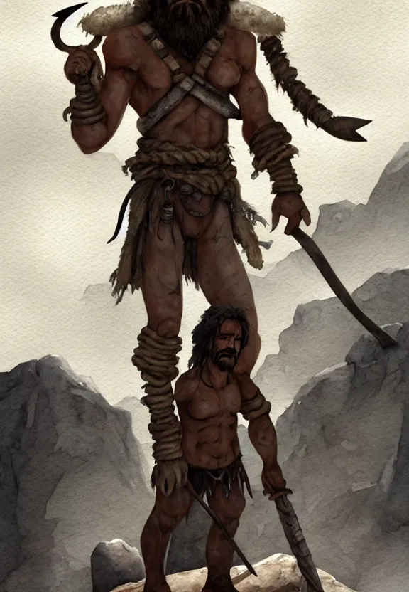 Image similar to a solitary randy savage with an anchor slung over his shoulder alone in a rocky desolate wasteland | portrair | fantasy watercolour painting | middle earth | pathfinder | artstation | conan | darksun | d & d dungeons and dragons | barbarian