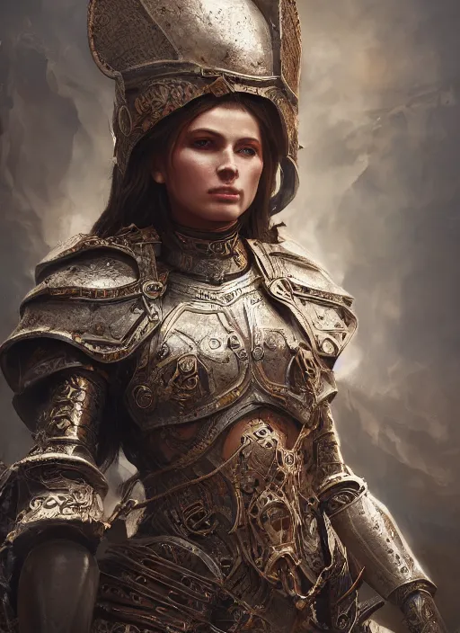 Image similar to realistic full body concept art illustration oil painting of a beautiful crusader-woman in insanely detailed and intricate clothing, octane render, sss, postprocessing, 4k, cinematic lighting