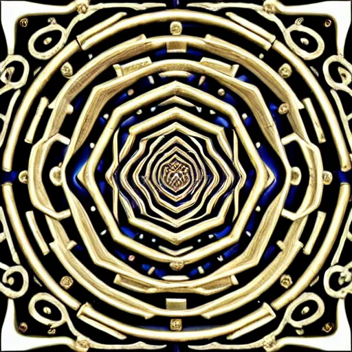 Image similar to ornate twisting three dimensional multilayered runic pattern vortex inside a hexagonal shape, intricate detail, complex, jade, gold, silver, obsidian