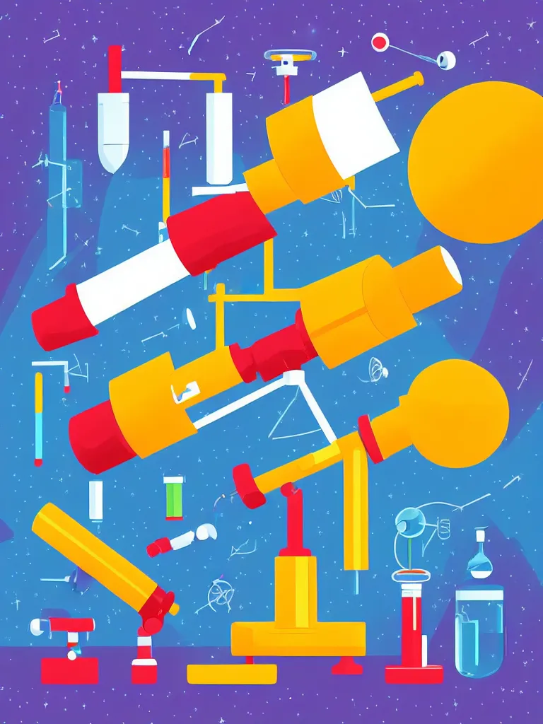 Prompt: editorial illustration scientific lab test tube telescope microscope spaceship, colorful modern, mads berg