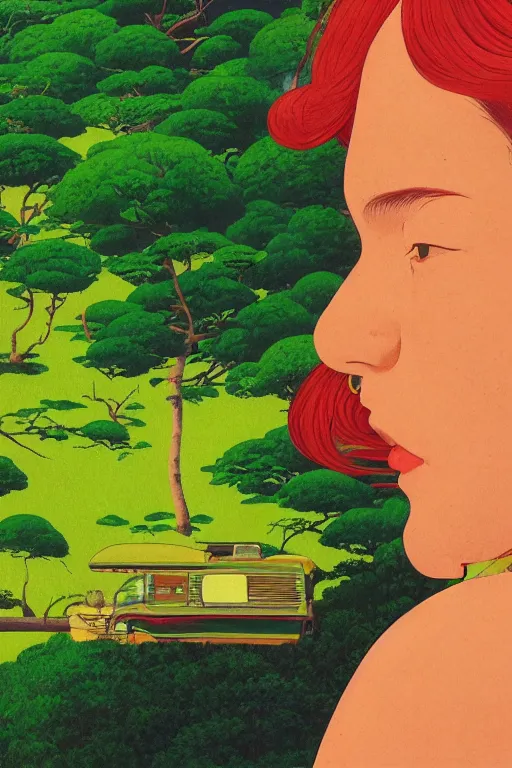 Image similar to a closeup portrait of a young woman taking mind altering drugs, a blotter paper of lsd acid and dreaming psychedelic hallucinations in the vast green landscapes of the amazon jungle, by kawase hasui, moebius, edward hopper, colorful flat surreal design, hd, 8 k, artstation