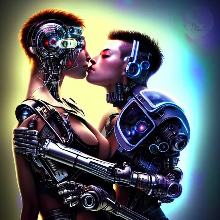 Image similar to ultra realistic medium shot of couple cyborgs male and female kiss, lovers, cyberpunk, sci - fi, fantasy, kodak, colour led, soft light, volumetric lighting, night, intricate, istock, highly detailed, digital painting, concept art, smooth, sharp focus, illustration, art by artgerm and greg rutkowski and alphonse mucha