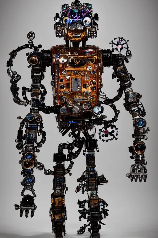 Prompt: full-body rococo and cyberpunk style sculpture of a young handsome Aztec prince half chrome robot with a chest opening exposing circuitry and a sparking motherboard, glowing blue lasert eyes, crown of mechanical gears and roses, flowing orange-colored silk, fabric, steampunk archways. baroque elements, human skull. full-length view. baroque element. intricate artwork by caravaggio. many many birds birds on background. Trending on artstation, octane render, cinematic lighting from the right, hyper realism, octane render, 8k, depth of field, 3D