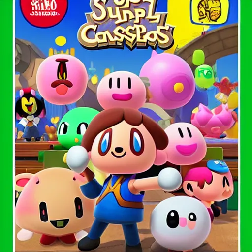 Prompt: Kirby, villager from animal crossing, super smash bros, video game cover, Nintendo switch