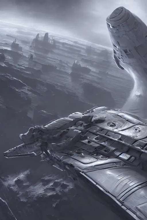 Image similar to grey scifi spacecraft fired from launch platform, landscape, alex ross, eddie mendoza, raphael lacoste, sebastian ludke, concept art, matte painting, highly detailed, rule of thirds, dynamic lighting, cinematic, realism, realistic, photo real, detailed, magnificiant landscape, denoised, centerd