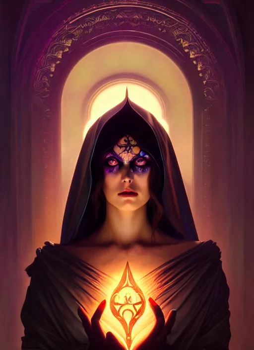 Prompt: book frontcover, side portrait, dark witch with black hood and evil eyes, realism, soft, smooth, luminescent, art nouveau tarot, backlit glow, colorful swirly ripples, gaudy colors, aesthetic octane render, unreal engine, 8 k, by artgerm, greg rutkowski, alphonse mucha