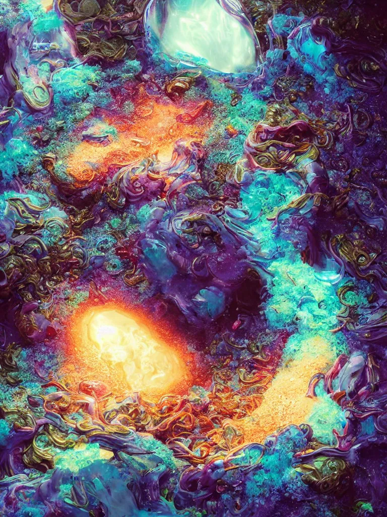 Prompt: Simulacrum of a space fungus, splash of iridescent paint, mesmerizing plume, beautiful natural forms, glass art, burning water, slime mold, hyphae, rhizomorphs, 8k intricate artwork octane render by Roberto Ferri, wlop, beeple, Markus Reugels, RHADS, pearlescent hues