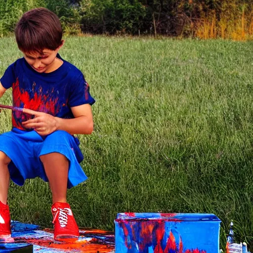 Image similar to a muscular kid wearing a blue shirt with tennis shoes, painting, in a field on fire