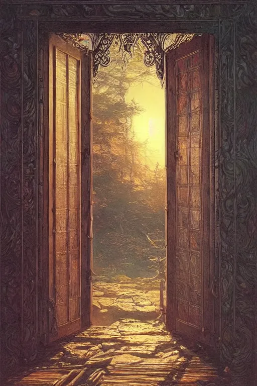 Image similar to large rustic intricately decorated wooden double door, metal handles, a view to a fantasy world, eerie back light, mist, fantasy painting by noriyoshi ohrai