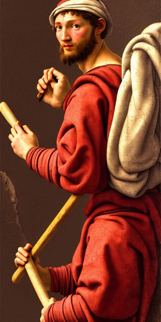 Image similar to a young michelangelo wearing peasant clothing of the renaissance holds a chisel in one hand and a mallet in the other, photorealistic, hyperdetailed, studio lighting, octane render, caustics