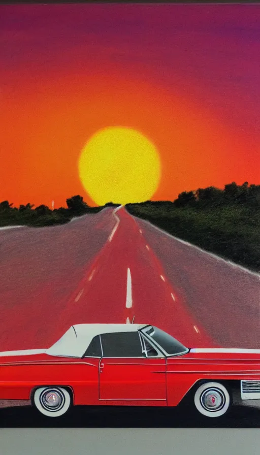 Image similar to polaroid of a 1 9 6 3 red cadillac convertible in the distance driving down empty highway into an orange sunrise, oil pastel, high detail, realistic, vintage, surrealcore, 4 k