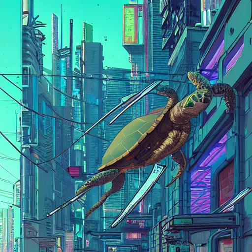 Prompt: Long shot of cyberpunk turtle cyborg on the street of a cyberpunk city, view from bottom to top, 150 mm lens, art by Josan Gonzalez, sci-fi, highly detailed, digital painting, artstation, smooth, sharp focus, illustration, concept art by Josan Gonzalez and James Gurney and Mœbius