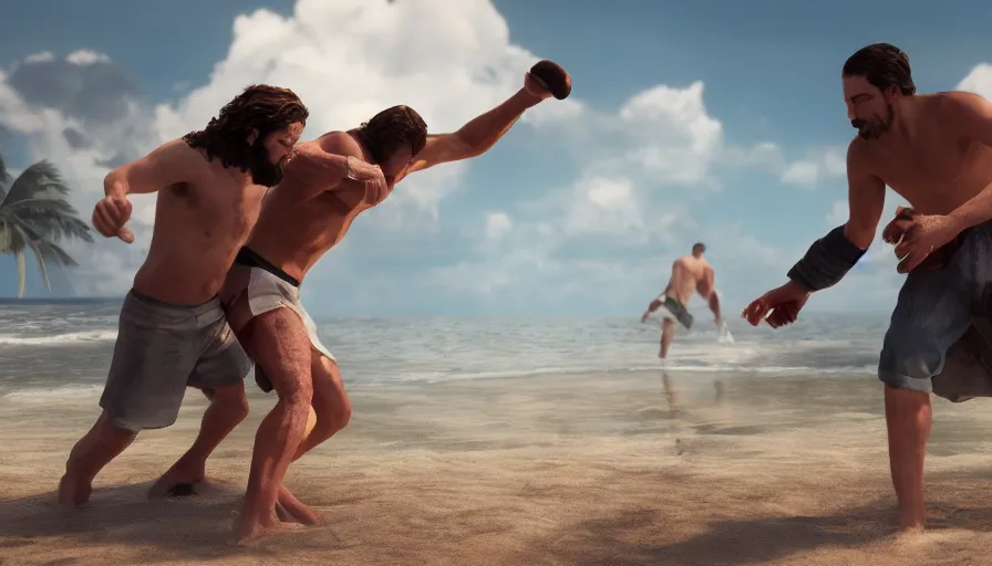 Image similar to jesus christ fighting a blind man on the beach, hyperrealistic, 8k, unreal engine, artstation, cgsociety