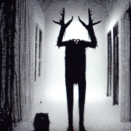 Prompt: a flash photo of creepy wendigo with an unnatural posture standing in a vantablack russian basement from the horror movie rec, shaky camera, it is deformed and is staring at the camera from the end of a dark liminal hallway. caught on vhs, film grain, national geographic award winning photography,