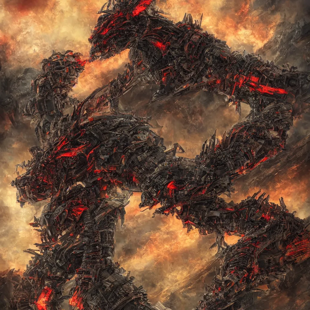 Prompt: high quality art of a mechanized dragon in an apocalyptic future, made of plates and armor throughout the body, having 4 limbs and 4 talons on each foot, and glowing fiery red eyes, climbing over a destroyed building in a hazy radioactive atmosphere, roaring with an epic pose into the air as the building crumbles under the weight, showing lots of sharp teeth. furaffinity, deviantart, artstation, high quality