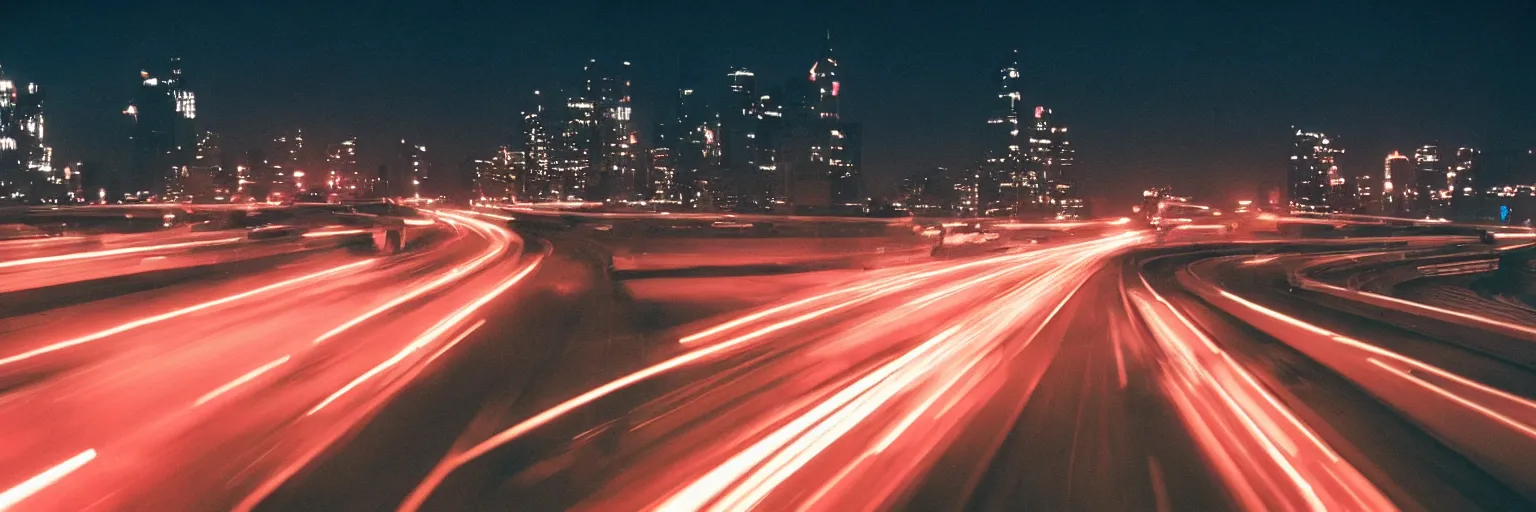 Image similar to 8 0 s neon movie still, high speed car chase on the highway with city in background, medium format color photography, 8 k resolution, movie directed by kar wai wong, hyperrealistic, photorealistic, high definition, highly detailed, tehnicolor, anamorphic lens, award - winning photography, masterpiece