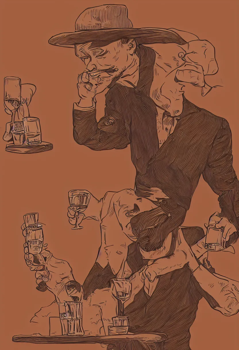 Image similar to a man drinking whiskey on his birthday, highly detailed 2 d illustration in matte colors