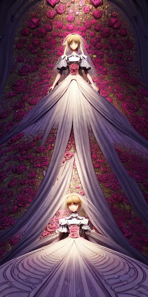 Image similar to the beautiful hyperdetailed physical rendering of a single rose flower wedding gothic lolita dress clothing design display in show in front of your eyes, perfectly shaded, atmospheric lighting, in the style of makoto shinkai, raphael lacoste louis comfort tiffany, artgerm, karol bak, james jean, ross tran, 8 k hd, fine texture structure, 3 drender,