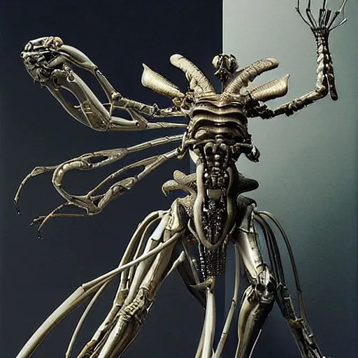 Prompt: still frame from Prometheus movie by Makoto Aida, flying biomechanical angel gynoid by giger, mimicking devil's dragon flower mantis, metal couture by neri oxmn and Guo pei, editorial by Malczewski and by Caravaggio