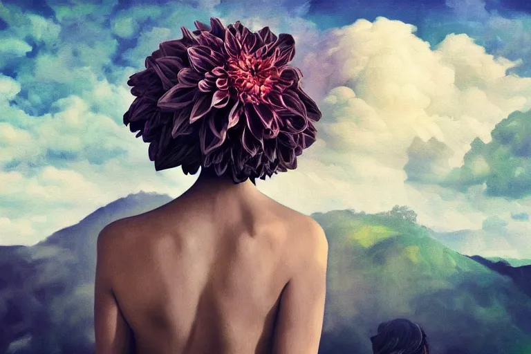 Image similar to giant dahlia flower crown under head, bust girl on mountain, surreal photography, blue storm clouds, dramatic light, impressionist painting, digital painting, artstation, simon stalenhag
